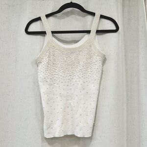 Bob Mackie White Pearl Beaded Ribbed Knit Tank Top